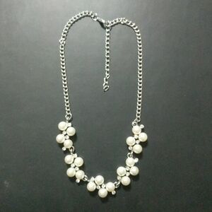 Silver Tone White Faux Pearl and Clear Rhinestone Statement Necklace
